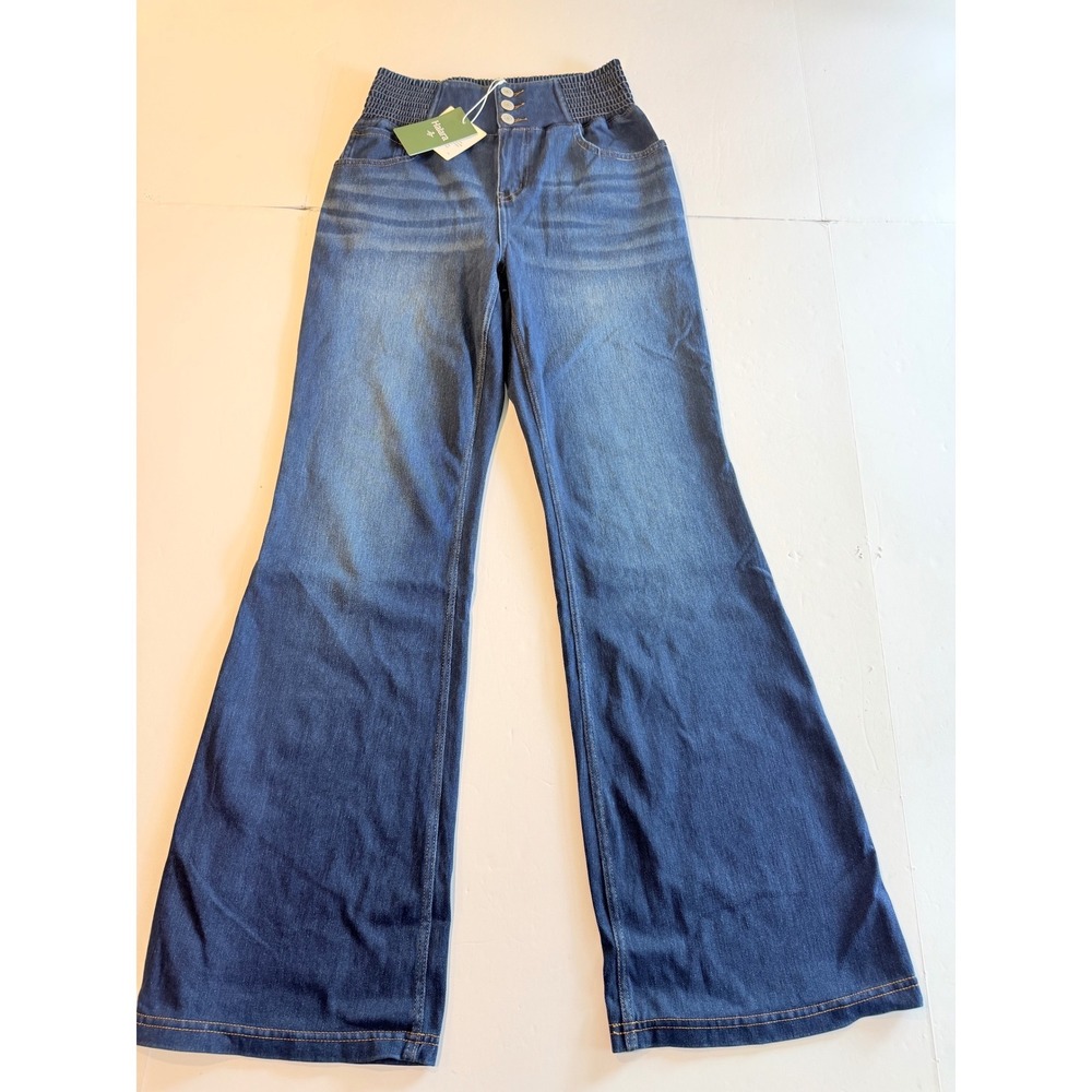 Halara High Waisted Flare Jeans Medium Wash Smocked Waist Size Small Regular